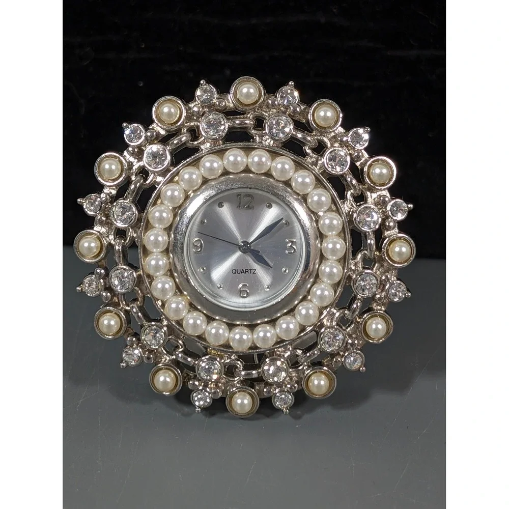 Silver Tone Faux Pearl Rhinestone Desk Clock Vanity Decor Working New Battery